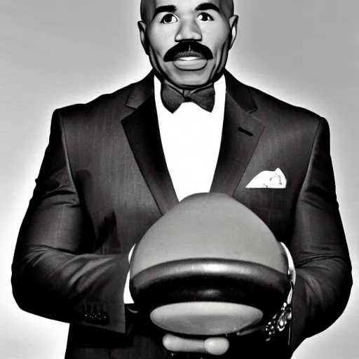 Image similar to steve harvey posing next to a nuclear bomb, detailed face, 4 k, deviantart