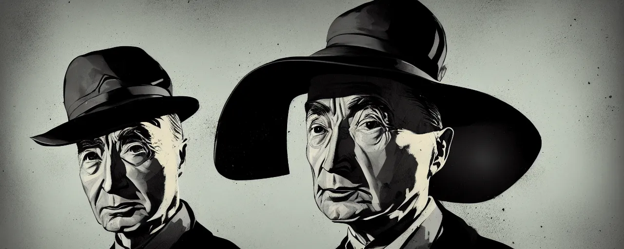 Image similar to duotone noir dark 3 / 4 portrait of j robert oppenheimer in hat with atomic background. cinematic scene film noir. volumetric lighting. golden rario accidental renaissance. by sachin teng and sergey kolesov and ruan jia and heng z. graffiti art, scifi, fantasy, hyper detailed. octane render. concept art. trending on artstation