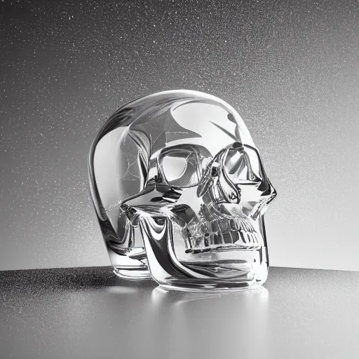 Prompt: magic crystal skull , clear liquid inside, with silver runes on it, photorealistic, product photography, 3D, octane render, blender, item