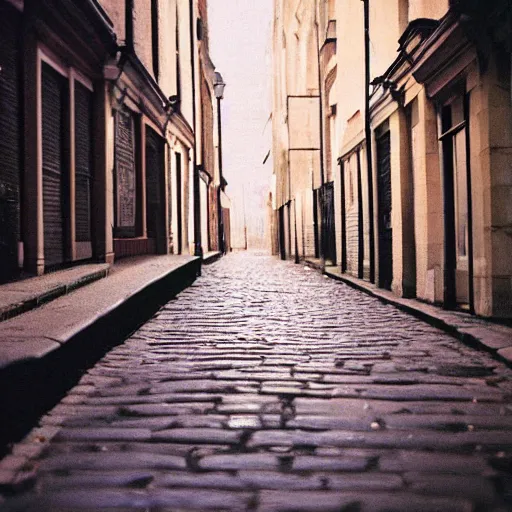 Image similar to photo, london cobblestone street at night, 5 0 mm f / 1. 4, cinestill 8 0 0,