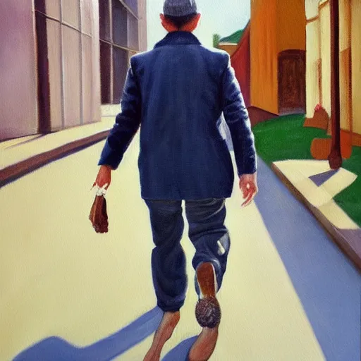 Prompt: A painting of a man with frog feet, walking down the street, photorealistic
