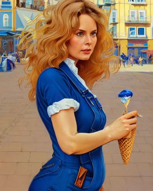 Prompt: portrait of a blonde fuller figured barbara bach from the bond film wearing blue dungarees and eating ice creams in porto, real life skin, intricate, elegant, highly detailed, artstation, concept art, smooth, sharp focus, art by artgerm and greg rutkowski and alphonse mucha