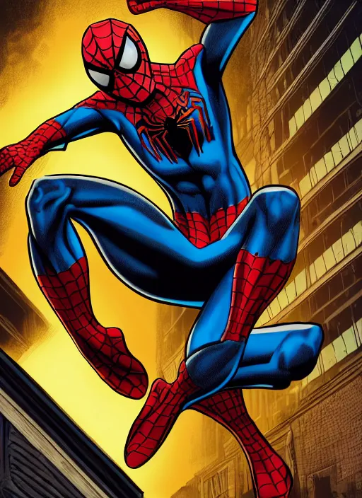 Image similar to Spiderman, comic book, art by Matt Groening and Jack Kirby and Mark Taylor, sharp focus, illustration, stunning lighting, realistic character concept, light atmosphere, golden ratio, cinematic lighting, high resolution, insanely detailed and intricate, 8k