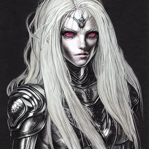 Image similar to character portrait of a girl with wavy white hair and black eyes in the style of yoshitaka amano drawn by alex maleev, highly detailed, elden ring armor with engraving, blurred edges, film grain effect