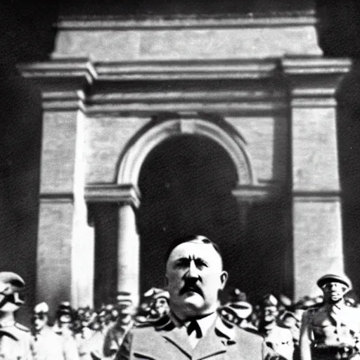 Image similar to black and white photograph of adolf hitler at the triumphal arch victorious after winning the 2 nd world war, while enslaved and chained blacks are seen through the streets under the watchful eye of nazi troops