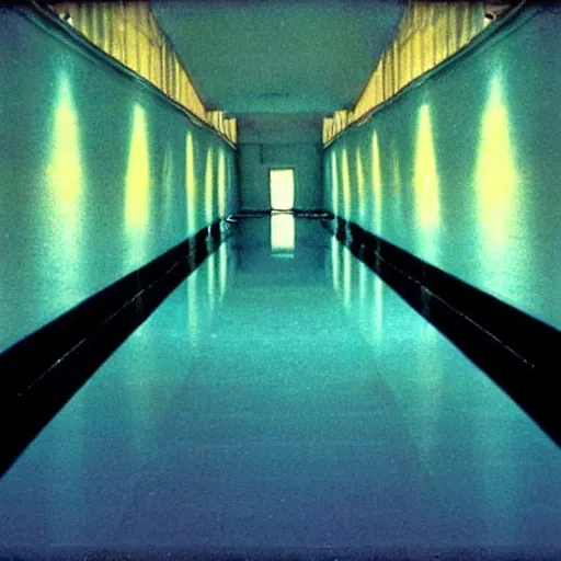 Image similar to Beautiful colored-photo cameraphone 2005 soft liminal Photograph of an infinite dark hallway pool