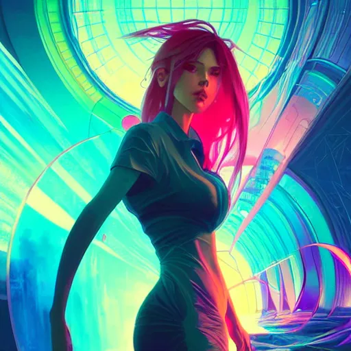 Prompt: a netrunner vortex, vaporwave aesthetic, colorful, psychedelic, digital painting, artstation, concept art, smooth, sharp focus, illustration, art by artgerm and greg rutkowski and alphonse mucha