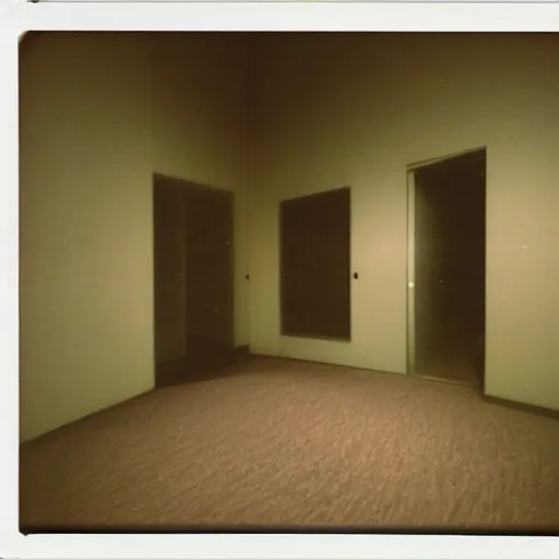 Image similar to a Polaroid photo of an ominous endless space of empty connecting rooms with vanilla colored wallpaper and brown carpet, no windows