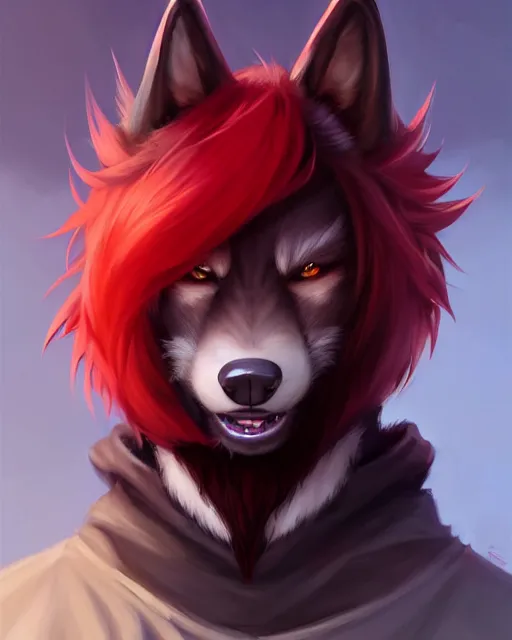 Image similar to character concept art of a black anthropomorphic male furry wolf long red hair | | cute - fine - face, pretty face, key visual, realistic shaded perfect face, fine details by stanley artgerm lau, wlop, rossdraws, james jean, andrei riabovitchev, marc simonetti, and sakimichan, trending on artstation