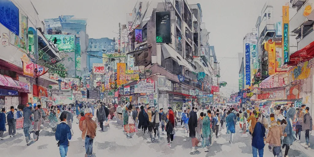 Image similar to streets of hongdae, hangeul, photorealism, spring, wide shot, watercolor painting by Lim Eung-Sik