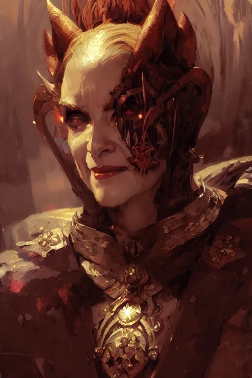 Image similar to well dressed middle aged woman with a sly smile and demonic horns growing from her head portrait dnd, painting by gaston bussiere, craig mullins, greg rutkowski, yoji shinkawa