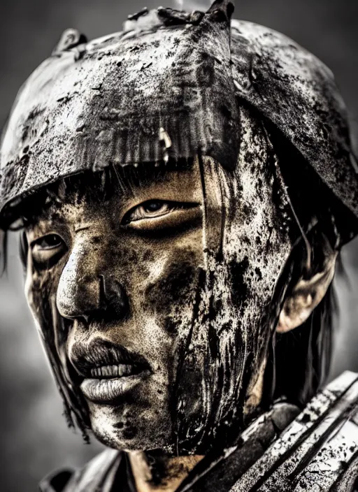 Prompt: samurai portrait photo, wearing all black mempo mask, after a battle, war scene, dirt and unclean, extreme detail, cinematic, dramatic lighting render, extreme photorealism photo by national geographic, hendrick kerstens, masterpiece