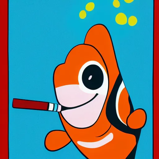 Image similar to clownfish smiling while holding a cigarette, from a kid's book, cartoon illustration