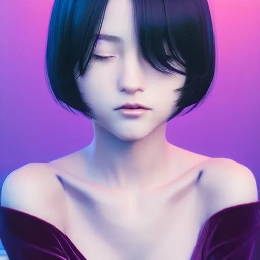 Prompt: cute girl, short silky hair, velvet, film, occlusion shadow, specular reflection, rim light, unreal engine, artstation, pinterest, art by hiroaki samura, range murata and ilya kuvshinov, intricate, highly detailed 8 k, art deco illustration, realistic, extremely beautiful shape of face, neck, shoulders eyes