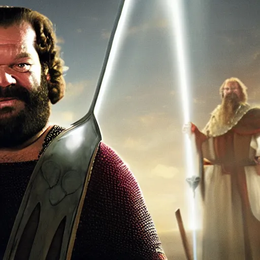 Prompt: bud spencer as king arthur, with crown and chainmail, camelot in the background, studio lightning, volumetric lightning, composition, full body