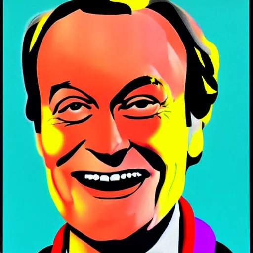 Image similar to rainbow smiling happy richard feynman. pop art.