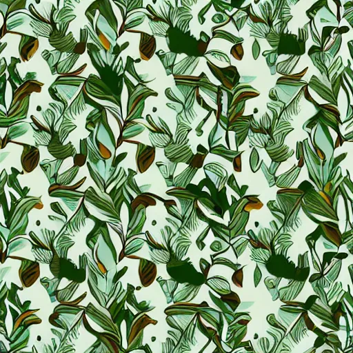 Prompt: abstract pattern, art print, lithography, green, beige, white, leaves