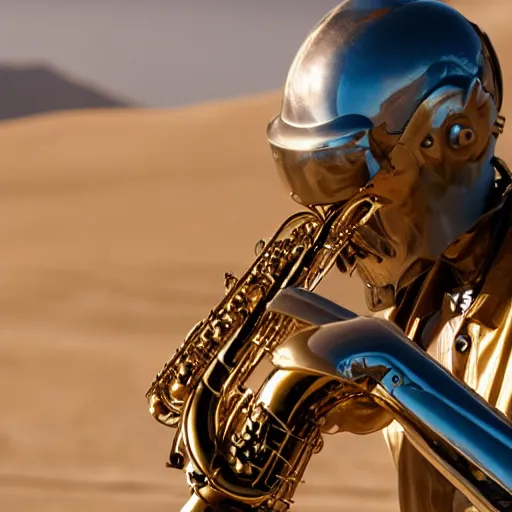 Image similar to metal cyborg playing saxophone in the desert, 8 k, movie still