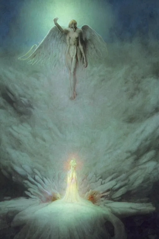 Image similar to giant white glowing angel rising above fallen demon lying on the foggy ground by wayne barlowe, wes anderson, arnold bocklin, roger dean, mikalojus konstantinas ciurlionis, mikhail vrubel and wadim kashin, rich moody colours, 9 0 - s anime, ethereal, lo - fi retro videogame