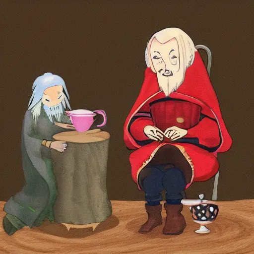 Prompt: A wizard meets a ladybug for tea