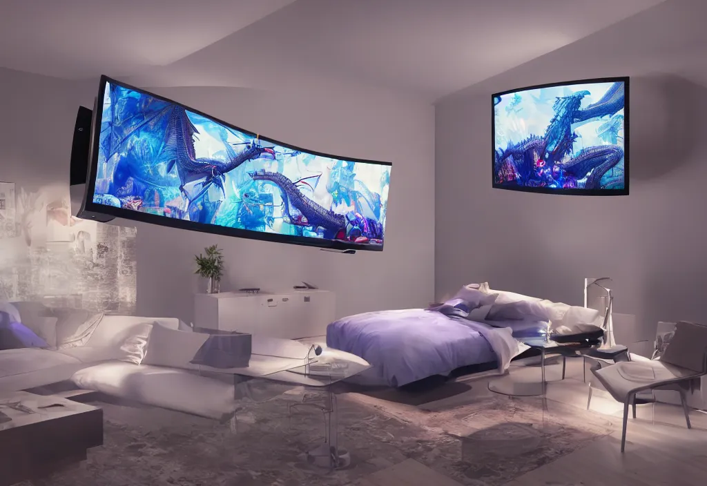 Image similar to curved transparent 3 dtv dragon popping out of tv, volumetric lighting, bedroom, visor, users, pair of keycards on table, bokeh, creterion collection, shot on 7 0 mm, instax