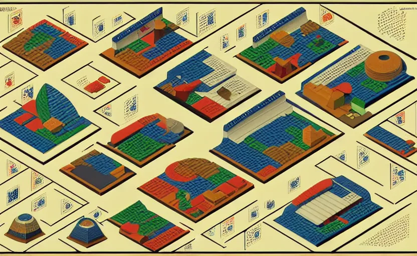 Image similar to 3 d isometric business dashboard with time series charts, pie plots and other modern graphics, with small creatures with many eyes. diego rivera ( in modern ukiyo - e style, mexican muralism ). ravi supa.