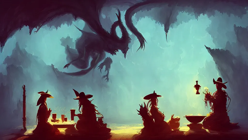 Prompt: Tea ceremony between a Western cowboy and a dragon, high fantasy concept art by Anato Finnstark