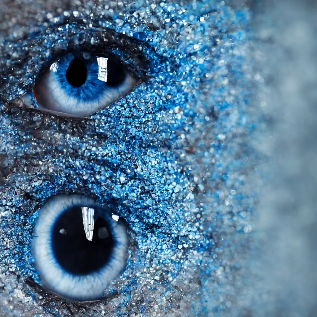 Image similar to blue eye is cracking into a bunch of pieces, hyperrealistic, macro closeup shooting, hyperdetailed, cinematic