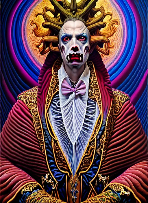 Prompt: beautiful oil painting, full length portrait of vampire dauphinois in baroque coronation robes 1 7 0 1, dan mumford, dan mumford, alex grey, hyacinthe rigaurd, highly detailed, lsd visuals, dmt fractal patterns, visionary art, psychedelic art, ornate, vaporwave, baroque, greg rutkowski