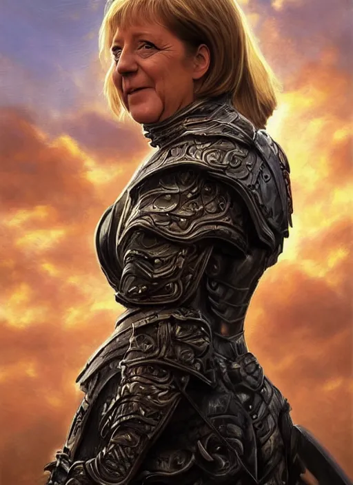 Image similar to Angela Merkel wearing black Armor, epic portrait of a very strong muscled Amazon heroine, sun beams across sky, pink golden hour, stormy coast, intricate, elegance, highly detailed, shallow depth of field, epic vista, Ralph Horsley, Daniel F. Gerhartz, Artgerm, Boris Villajo, Lilia Alvarado