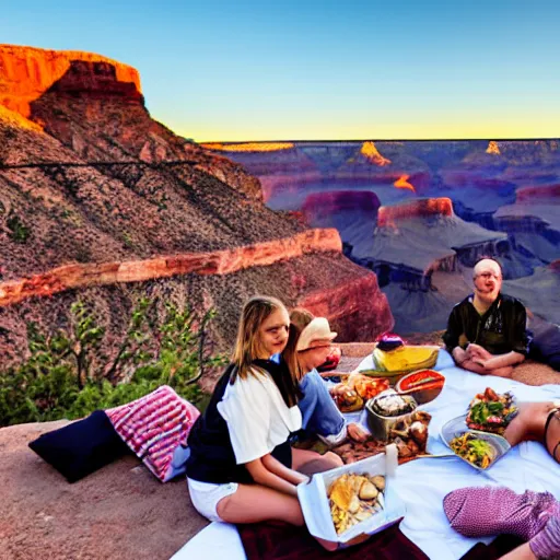 Image similar to a picnic at the bottom of the grand canyon, golden hour