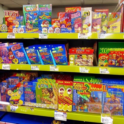 Image similar to aisle at toys are us but the shelves are full of loving goblins