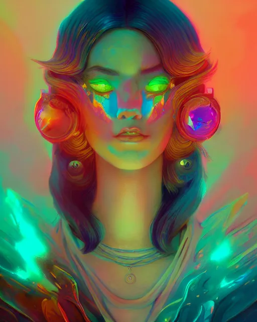 Image similar to lsd, acid trip, intricate, a beautiful woman with ( fox ) features, in professional makeup, dramatic lighting, by lois van baarle, ross tran, greg rutkowski, ultra detailed colorful repeating fractals in the background by moebius, beeple, artstation