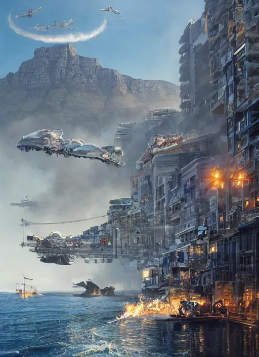 Image similar to hyper realistic robot attacking cape town city harbor beautiful details, strong composition, poster painted by weta studio rutkowski, james gurney and greg rutkowski, and lucasfilm