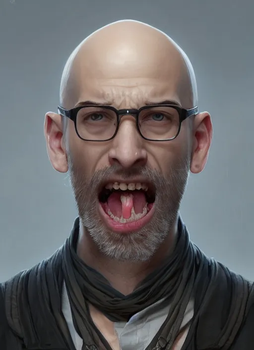 Prompt: portrait of a bald screaming soyboy!!, wearing square glasses!, short beard, screaming excided!!, intricate, elegant, highly detailed, digital painting, artstation, biolusence, concept art, smooth, sharp focus, illustration, art by artgerm and greg rutkowski and alphonse mucha, horizon zero dawn 8 k