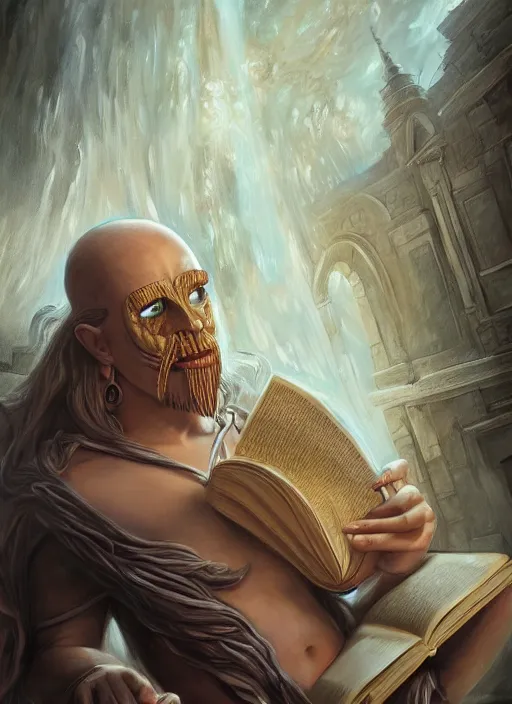 Image similar to Magic Floating Thespian Mask reading a book, no body, bodyless, theater mask, Ivan Aivakovsky, Boris Vallejo, epic fantasy character art, D&D Concept Art, full length, Realistic, Regal, Refined, extremely detailed, Detailed Digital Art, Oil Paining, Exquisite detail, post-processing, masterpiece, Cinematic Lighting, Unreal Engine, 8k, HD, Stanley Artgerm Lau, WLOP, Rossdraws, Frank Frazetta, Andrei Riabovitchev, Marc Simonetti, trending on artstation, flawless