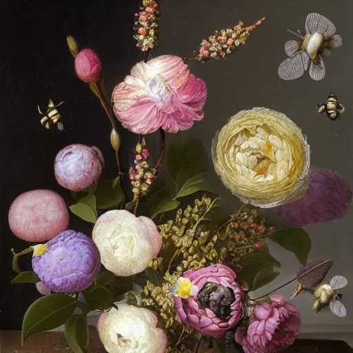 Prompt: still - life of bouquet of lilac and ranunculus with honeycomb bees and birds feathers, rachel ruysch, dark, moody