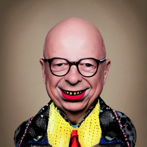 Prompt: uhd photorealistic portrait of cosmic clown made of bugs, in the image of klaus schwab, wearing authentic clown costume and real bizarre clown makeup, correct face, accurate faces, intricate details, intricate cllown makeup