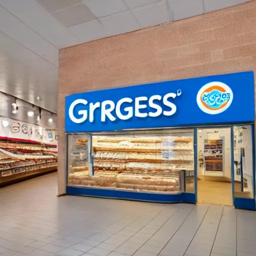 Prompt: interior of a greggs bakery, promotional photograph,