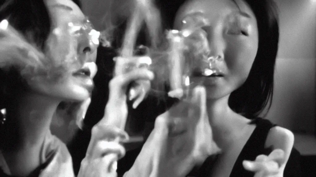 Image similar to Maggie Cheung doing vape tricks, 35mm film still, rule of thirds, by Jean Luc-Godard