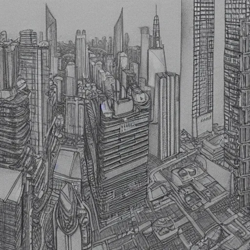 Image similar to a pencil drawing of cyberpunk Manila in the far future