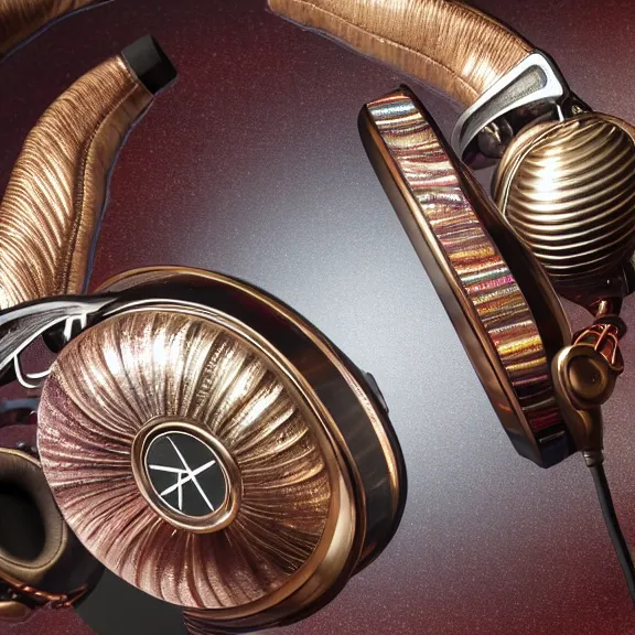 Image similar to masterpiece photo of beautiful crafted artistic bismuth metal headphones, bismuth rainbow metal, bismuth cups, leather padding, displayed on mahogany desk, modernist headphones, bismuth headphones beautiful well designed, hyperrealistic, audiophile, intricate hyper detail, extreme high quality, photographic, meze audio, sennheiser, hifiman, artstation, abyssal audio