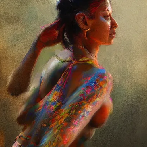 Image similar to a realistic hyperdetailed multi - colored digital oil full body portrait painting of a an indian woman sunbathing, beautiful, the style of guy denning, ruan jia, and craig mullins. trending on artstation and deviantart. cgsociety digital art.