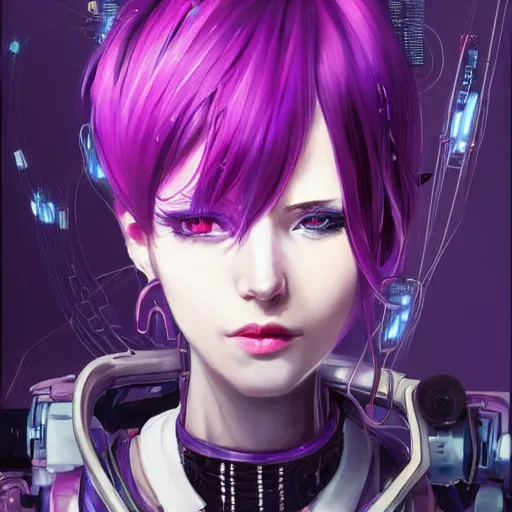 Image similar to A beautiful painting of a cyberpunk anime girl with purple hair and an a huge robot arm sensual stare, augmentations and cybernetic enhancements neon circuits, by Stanley Artgerm Lau, WLOP, Rossdraws, James Jean, Andrei Riabovitchev, Marc Simonetti, and Sakimichan, trending on artstation, hyperrealist, cinema4D, 8k highly detailed ❤️‍🔥 🔥 💀 🤖 🚀