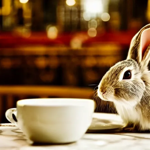 Image similar to a rabbit drinking milk in a paris cafe, eiffel tower visible in the background, in the style of van gogh