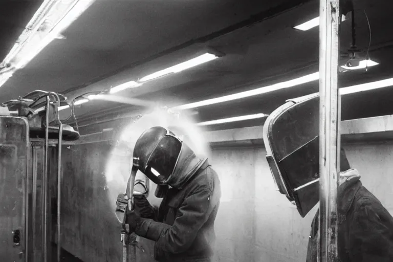 Prompt: Welder in welding mask in a subway, by Richard Avedon, tri-x pan stock