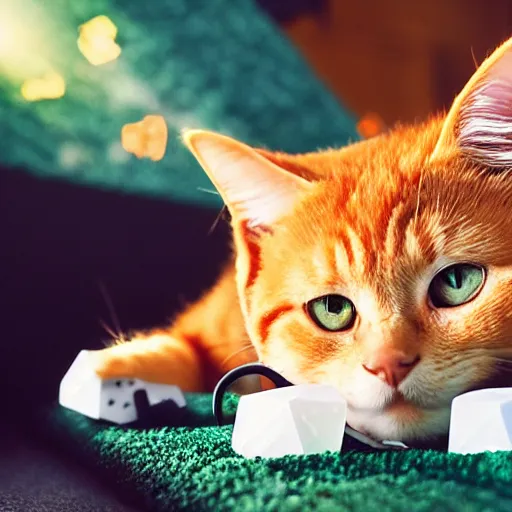 Image similar to Adorable orange tabby cat, the cat is wearing black gaming headphones, lying on a fuzzy blanket, polyhedral dice are next to the cat, in a sunbeam, Pixar, cozy, golden hour