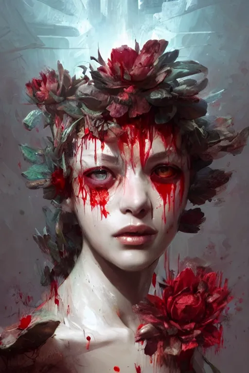 Image similar to abstract face closeup of beautiful girl predator covered with blood, 3 d render, hyper realistic detailed portrait, holding magic flowers, ruan jia, wlop. scifi, fantasy, hyper detailed, octane render, concept art, by peter mohrbacher, by wlop, by ruan jia