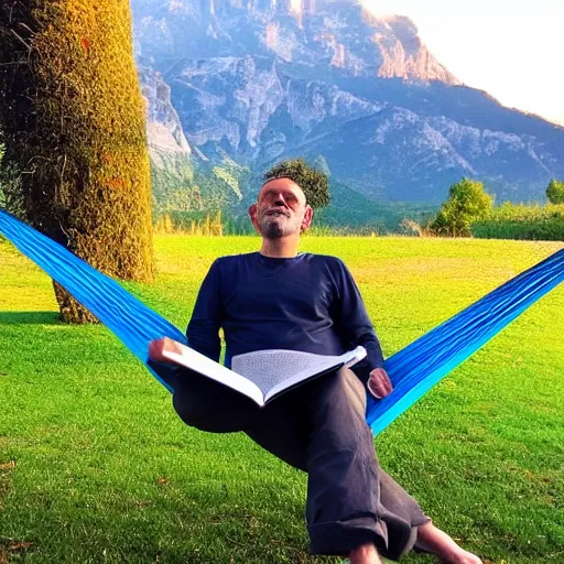 Prompt: my italian wise friend on a hammock, reading the book about love, face iluminated by new knowledge, mountains in a background