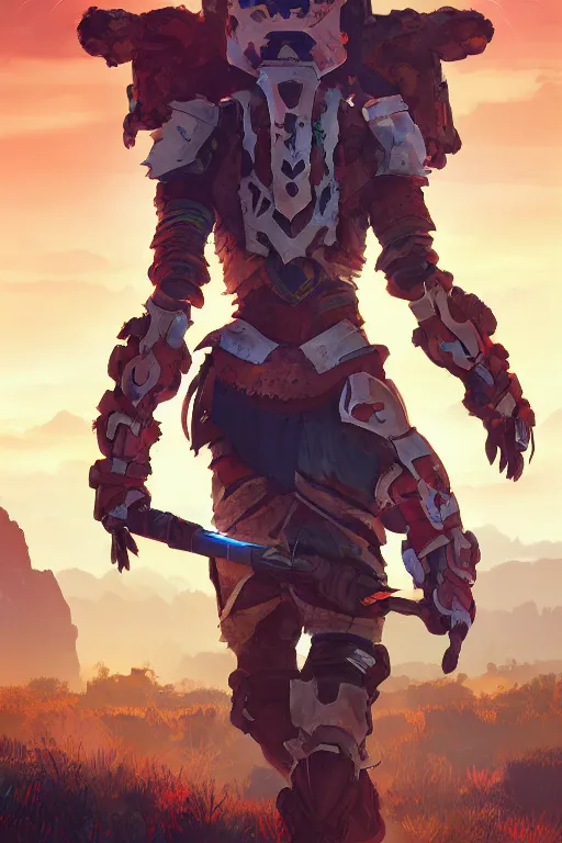 Image similar to combination suit armor aloy horizon forbidden west horizon zero dawn radiating a glowing aura global illumination ray tracing hdr fanart arstation by ian pesty and alena aenami artworks in 4 k tribal robot ninja mask helmet backpack